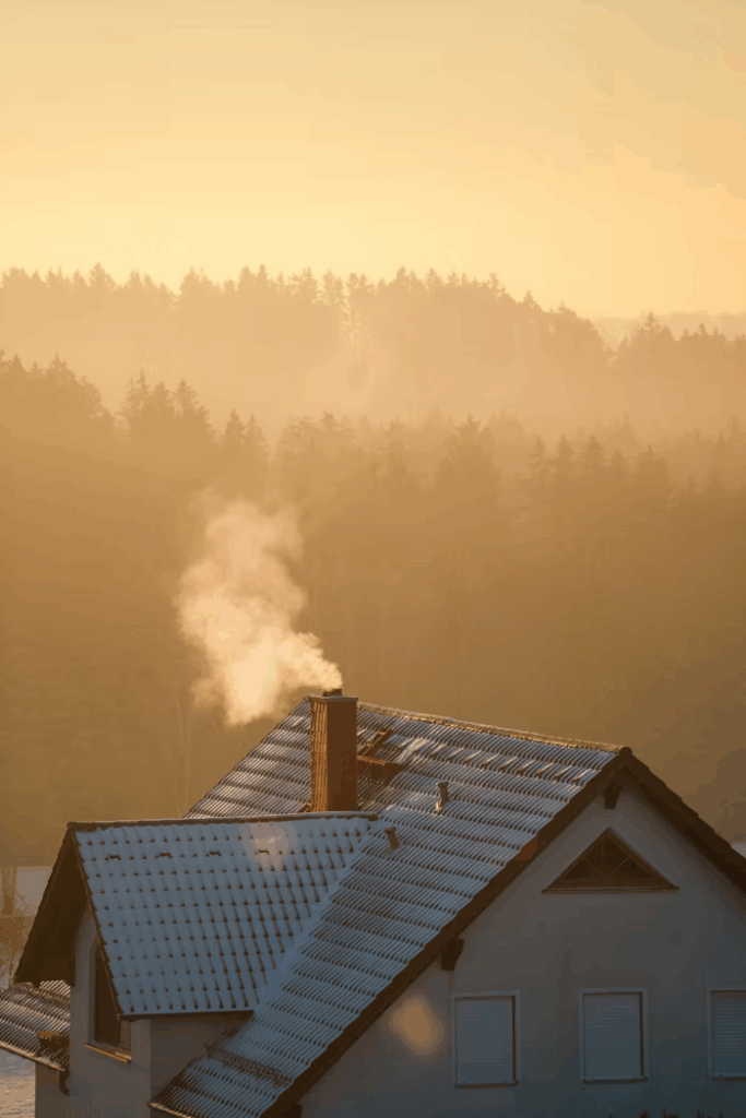 The familiar sight of smoke from a chimney, a contrast to modern, clean heating solutions like air source heat pumps.